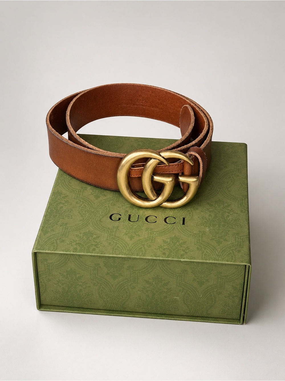 Gucci Brown Leather Belt with Gold Double G Buckle size 90